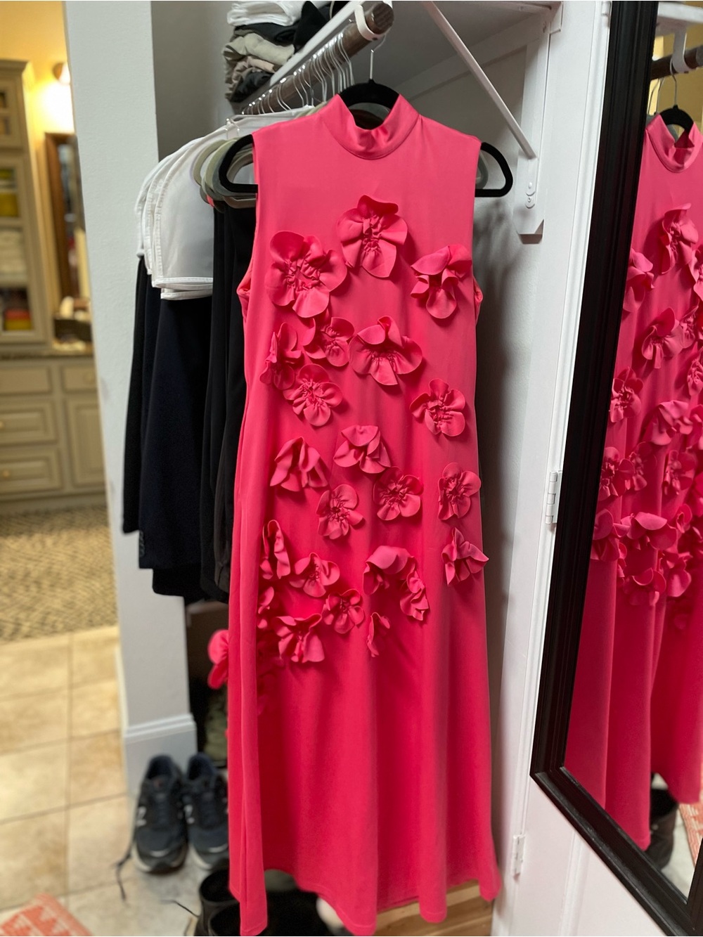 Sleeveless Pink 3D Floral Midi Dress